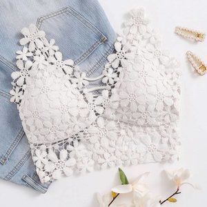White Casual Womens Guipure Lace Longline Bralette